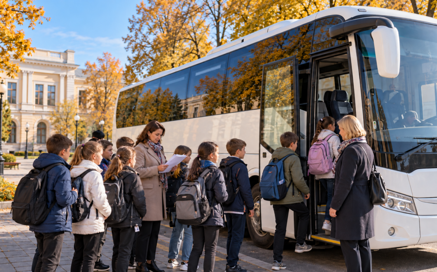 Школьники с сопровождающими садятся в автобус перед экскурсией