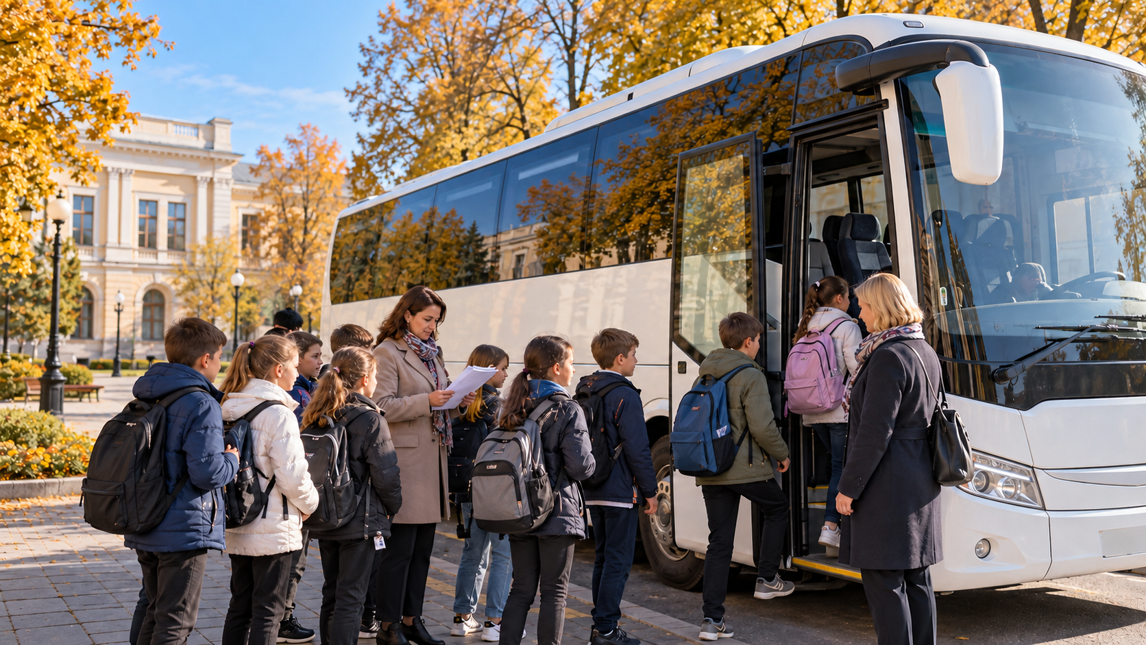 Школьники с сопровождающими садятся в автобус перед экскурсией